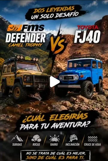 FMS Defender Camel Trophy frente a Toyota FJ40, ambos escala 1:10